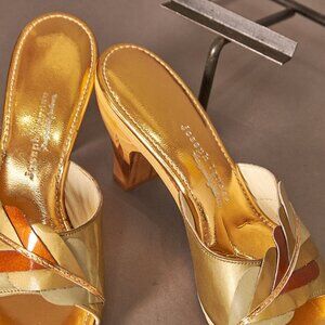 1950s Carved Heeled Metallic Peep Toes Heels Slides